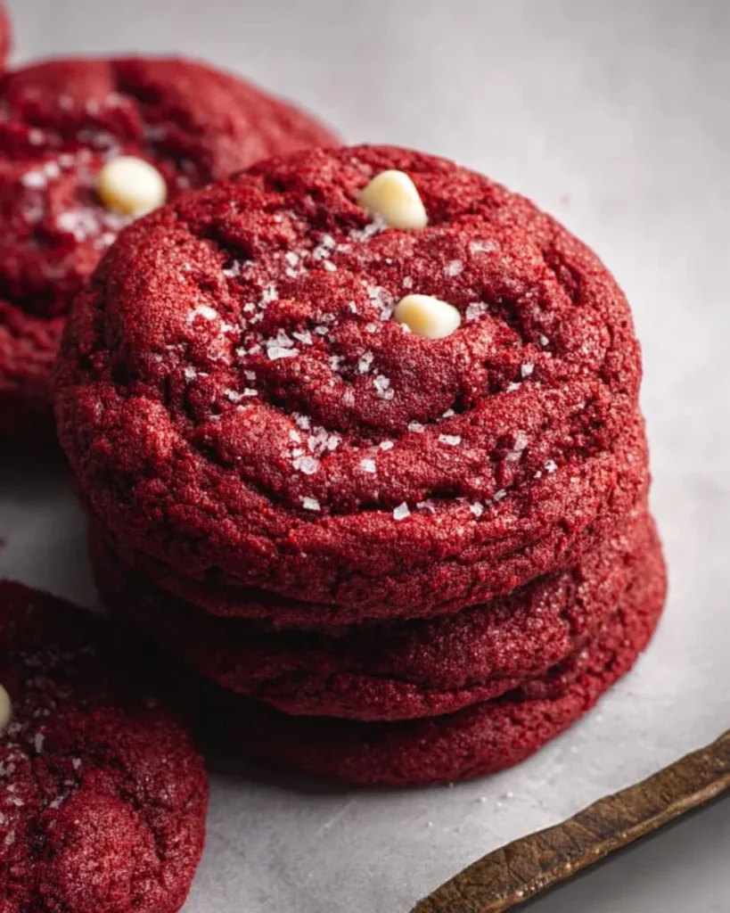 Delicious Red Velvet Cookies on a plate with cream cheese frosting