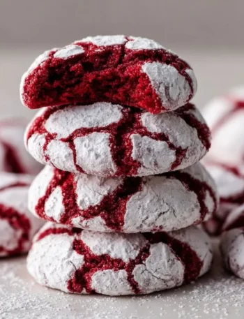 Delicious red velvet crinkle cookies on a plate, fresh from the oven.