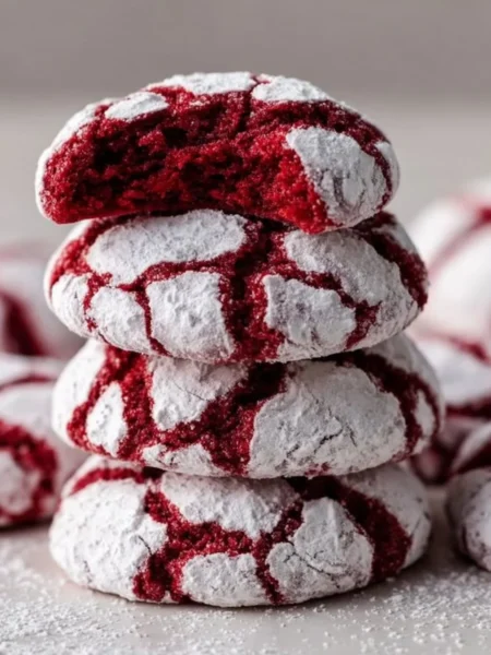 Delicious red velvet crinkle cookies on a plate, fresh from the oven.