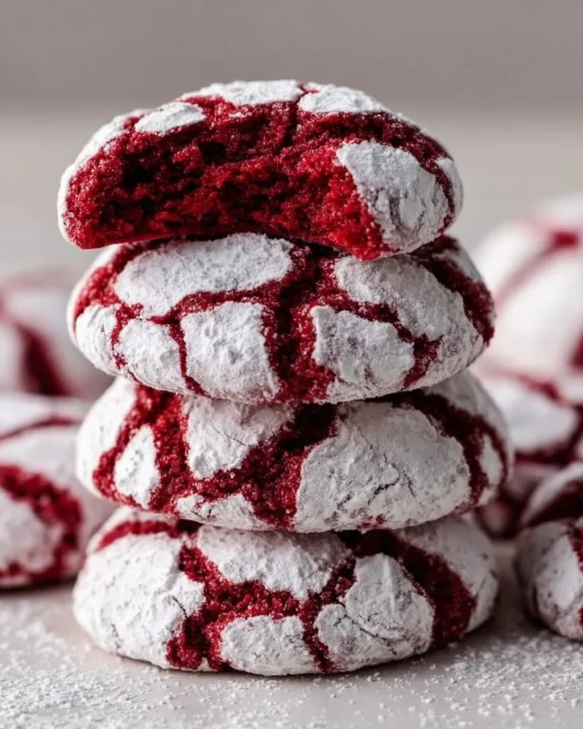 Delicious red velvet crinkle cookies on a plate, fresh from the oven.