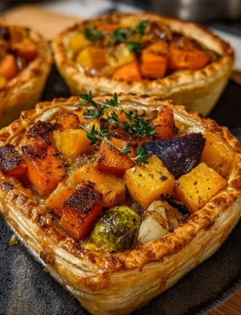 Delicious roasted autumn vegetable pot pies served in rustic dishes
