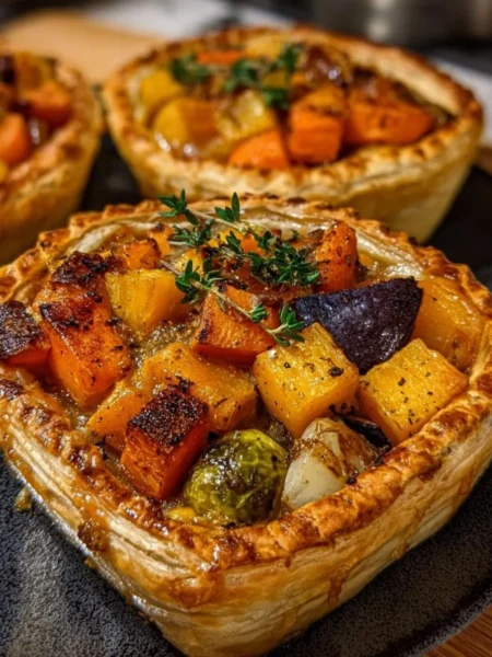 Delicious roasted autumn vegetable pot pies served in rustic dishes