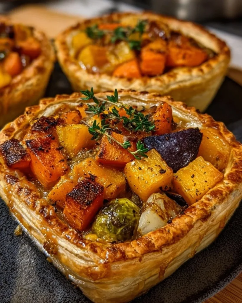 Delicious roasted autumn vegetable pot pies served in rustic dishes