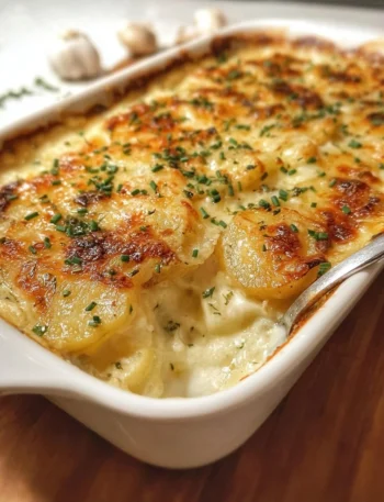 Creamy roasted garlic gratin potatoes in a baking dish