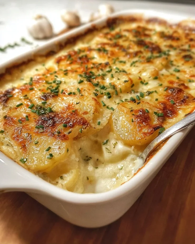 Creamy roasted garlic gratin potatoes in a baking dish