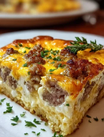 Delicious Sausage and Egg Casserole served in a baking dish