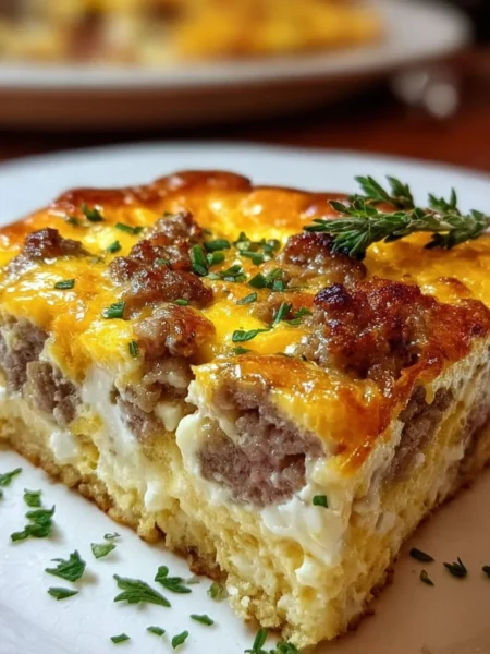 Delicious Sausage and Egg Casserole served in a baking dish
