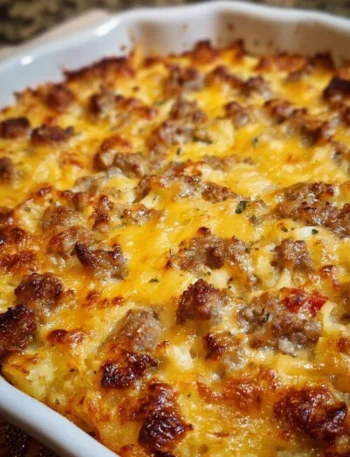 Sausage Hash Brown Breakfast Casserole with eggs, cheese, and crispy hash browns