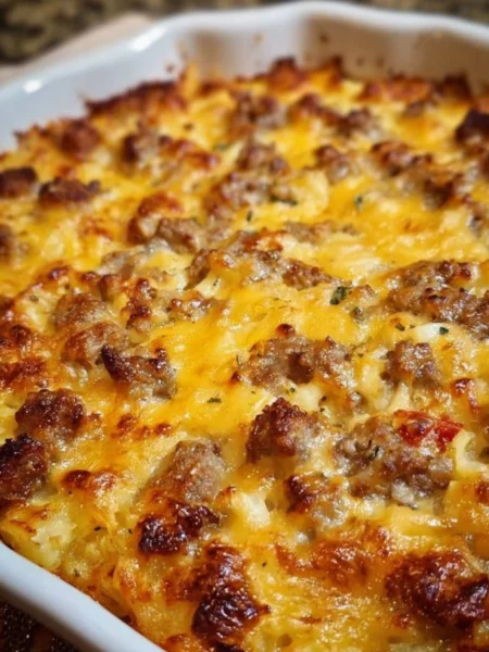 Sausage Hash Brown Breakfast Casserole with eggs, cheese, and crispy hash browns