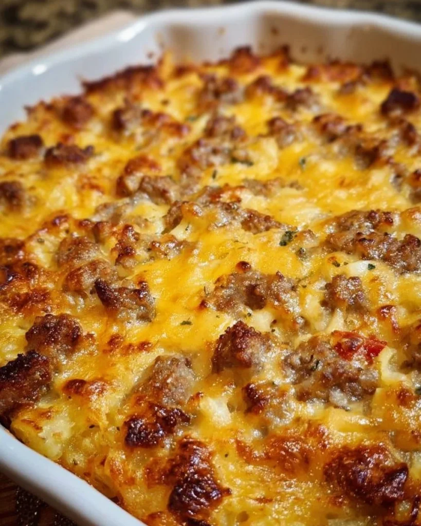 Sausage Hash Brown Breakfast Casserole with eggs, cheese, and crispy hash browns