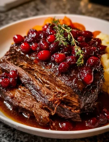 Slow-Braised Beef Roast with Cranberry Balsamic Glaze plated with herbs