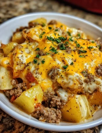 Slow cooker cowboy potato casserole dish topped with cheese and green onions