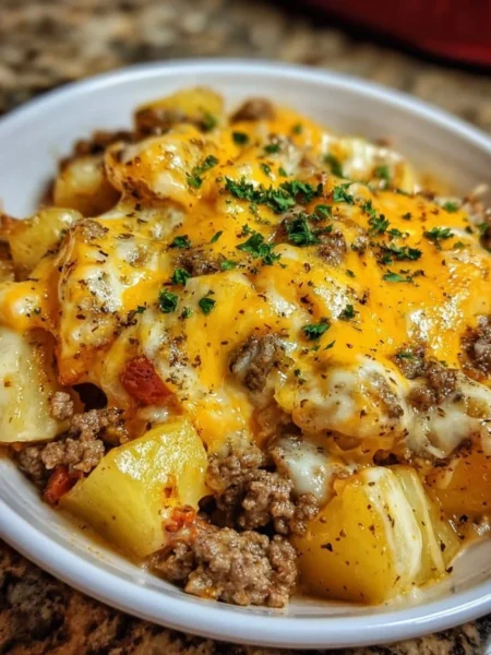 Slow cooker cowboy potato casserole dish topped with cheese and green onions