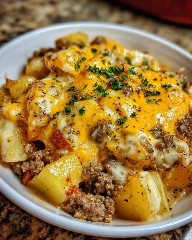Slow cooker cowboy potato casserole dish topped with cheese and green onions