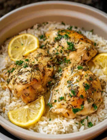 Slow cooker lemon herb chicken served with fluffy rice on a plate