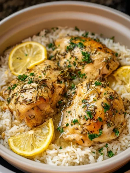 Slow cooker lemon herb chicken served with fluffy rice on a plate