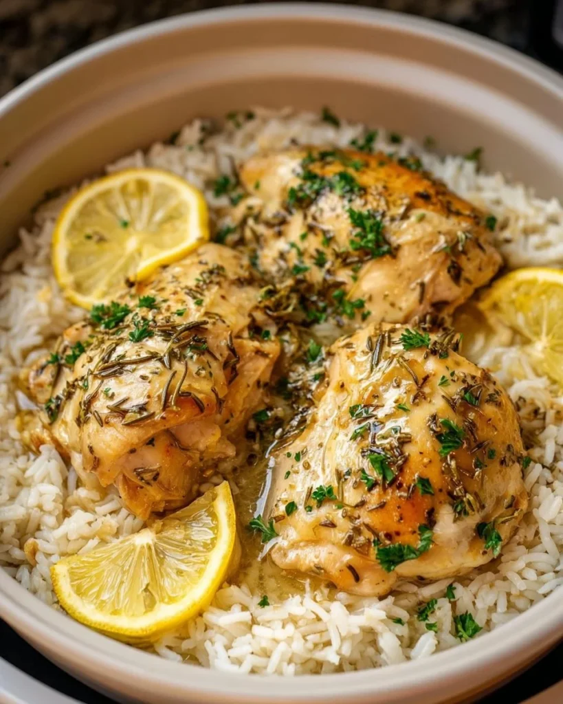 Slow cooker lemon herb chicken served with fluffy rice on a plate