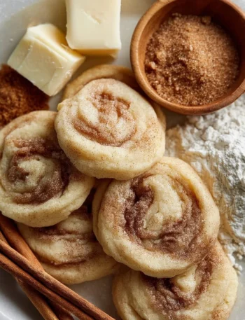 Soft and chewy cinnamon roll sugar cookies on a baking tray