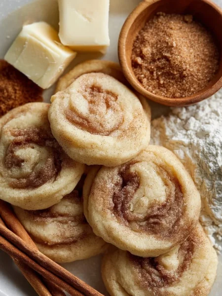 Soft and chewy cinnamon roll sugar cookies on a baking tray