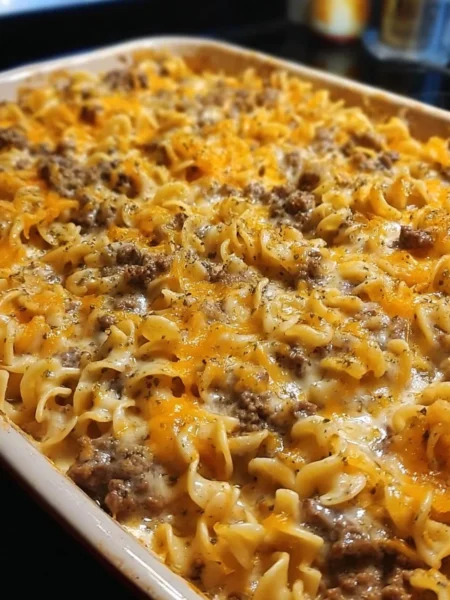 Sour cream beef noodle casserole topped with cheese and herbs in a baking dish