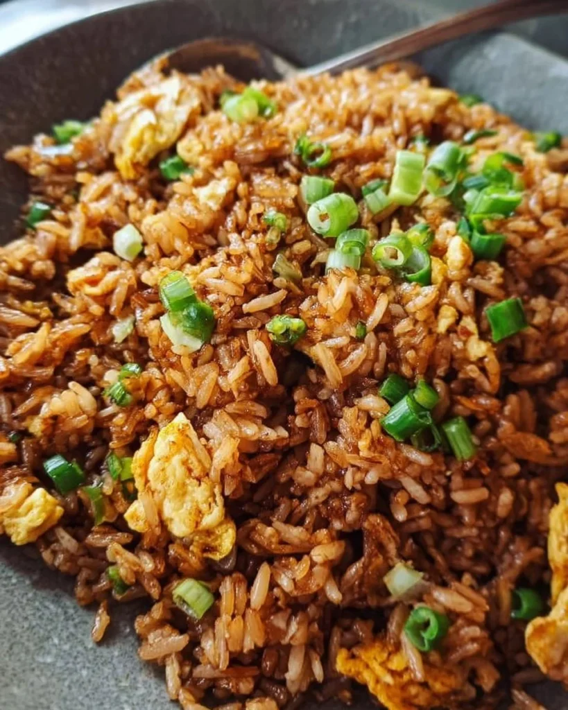 Bowl of Soy Sauce Fried Rice with vegetables and green onions