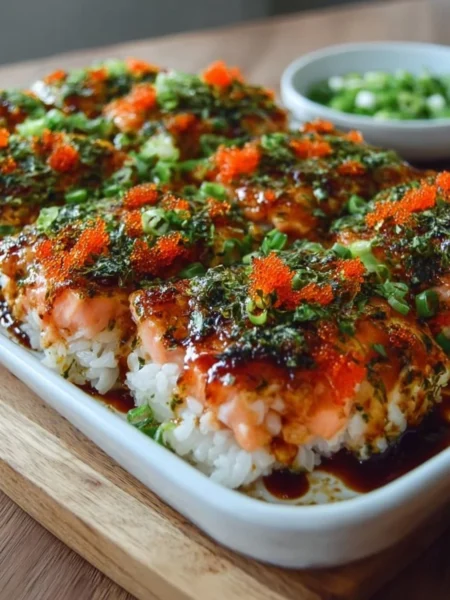 Delicious spicy salmon sushi bake topped with fresh ingredients