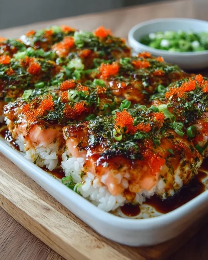 Delicious spicy salmon sushi bake topped with fresh ingredients