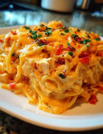 Spicy Southern Cheesy Chicken Spaghetti Casserole served in a dish with toppings