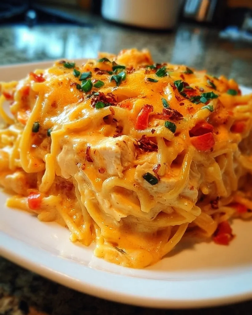 Spicy Southern Cheesy Chicken Spaghetti Casserole served in a dish with toppings