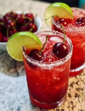 A refreshing glass of Spiked Cherry Limeade cocktail with cherries and lime.