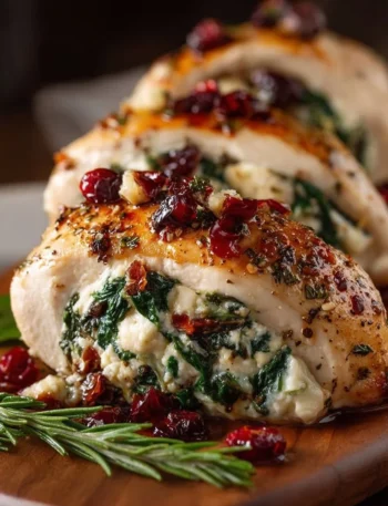 Spinach and cranberry stuffed chicken breasts on a white plate