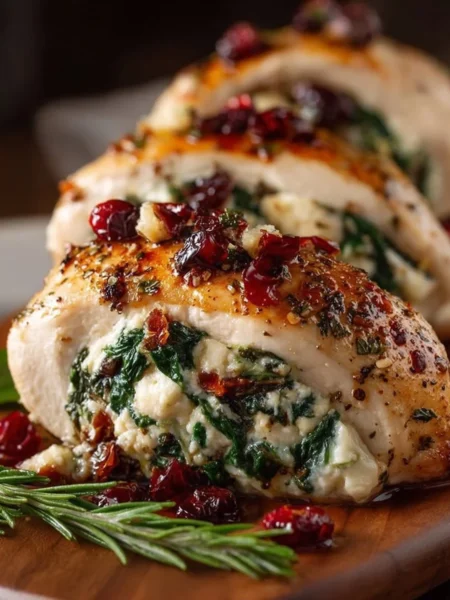 Spinach and cranberry stuffed chicken breasts on a white plate