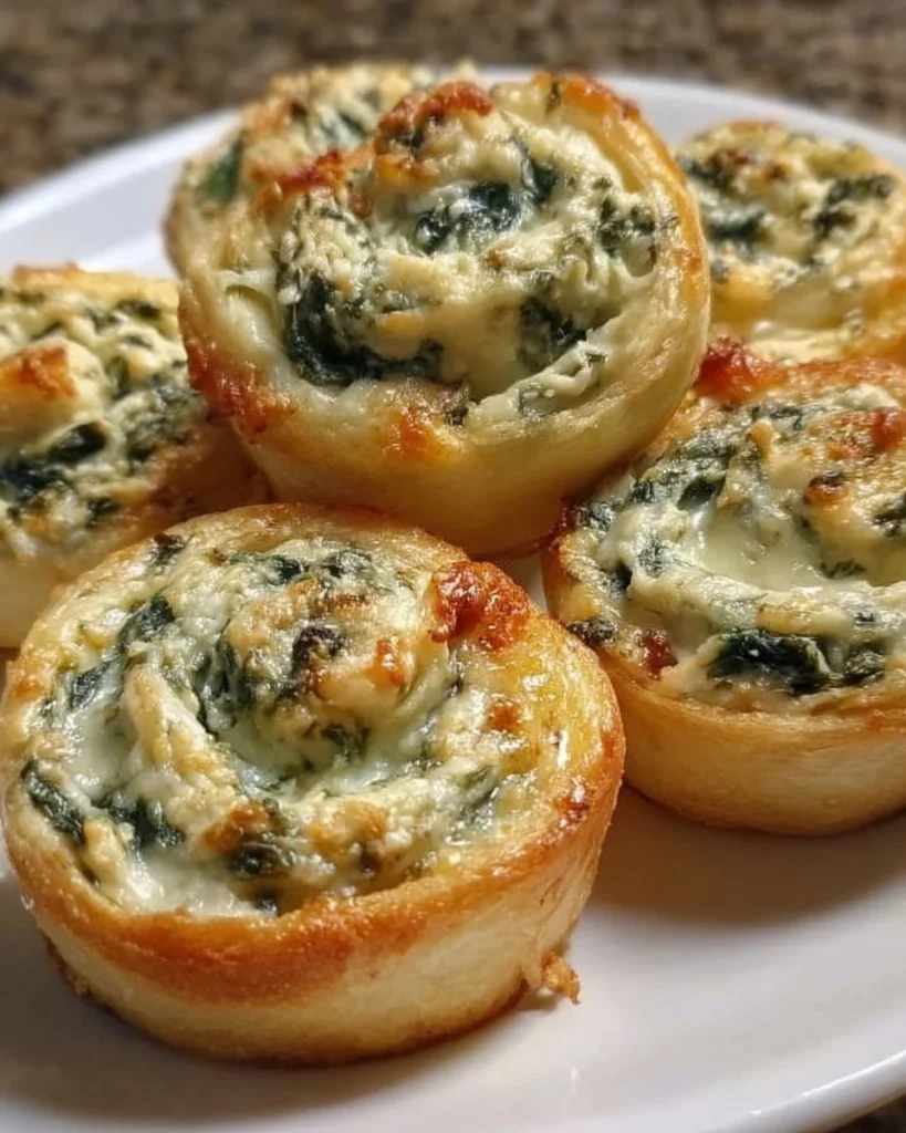 Bite-sized pinwheels filled with creamy spinach dip, perfect for appetizers