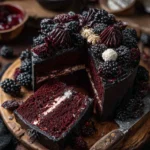 Spooky Black Velvet Halloween Cake with dark frosting and Halloween decorations