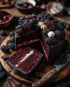 Spooky Black Velvet Halloween Cake with dark frosting and Halloween decorations