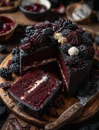 Spooky Black Velvet Halloween Cake with dark frosting and Halloween decorations
