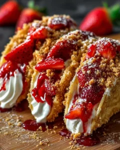 Strawberry crunch cheesecake tacos garnished with fresh strawberries and whipped cream