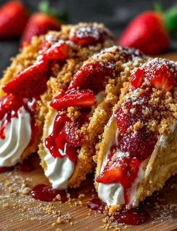 Strawberry crunch cheesecake tacos garnished with fresh strawberries and whipped cream