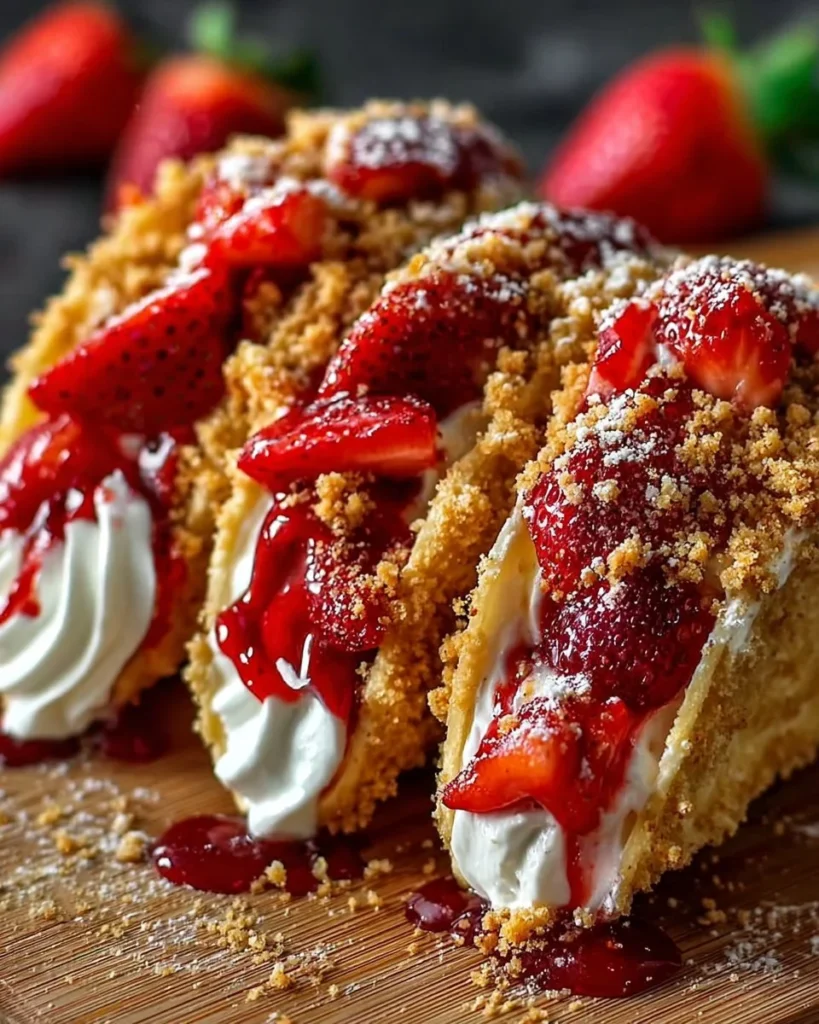 Strawberry crunch cheesecake tacos garnished with fresh strawberries and whipped cream