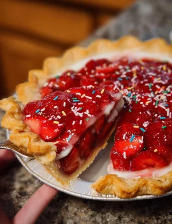 Delicious homemade Strawberry Pop-Tart Pie topped with frosting and sprinkles