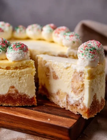 Delicious sugar cookie cheesecake topped with colorful sprinkles