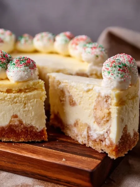 Delicious sugar cookie cheesecake topped with colorful sprinkles