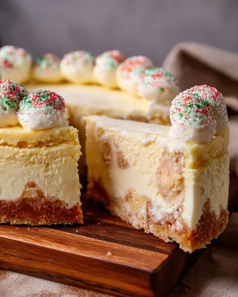 Delicious sugar cookie cheesecake topped with colorful sprinkles