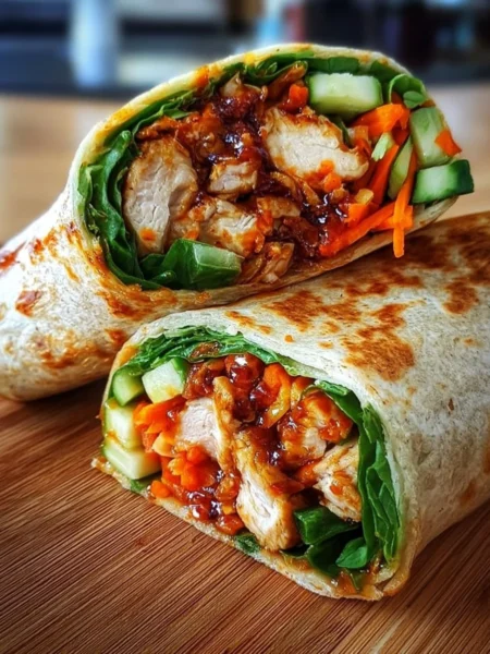 Delicious sweet chili chicken wraps served on a plate, ready to enjoy