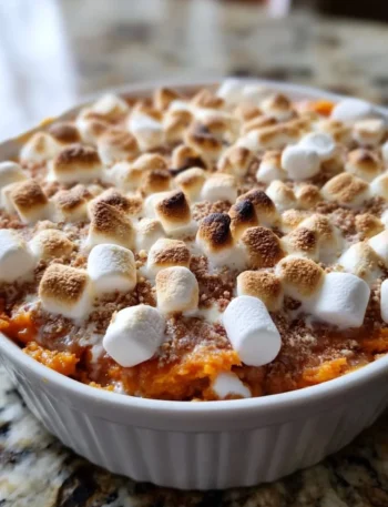 Delicious Sweet Potato Casserole topped with marshmallows and pecans