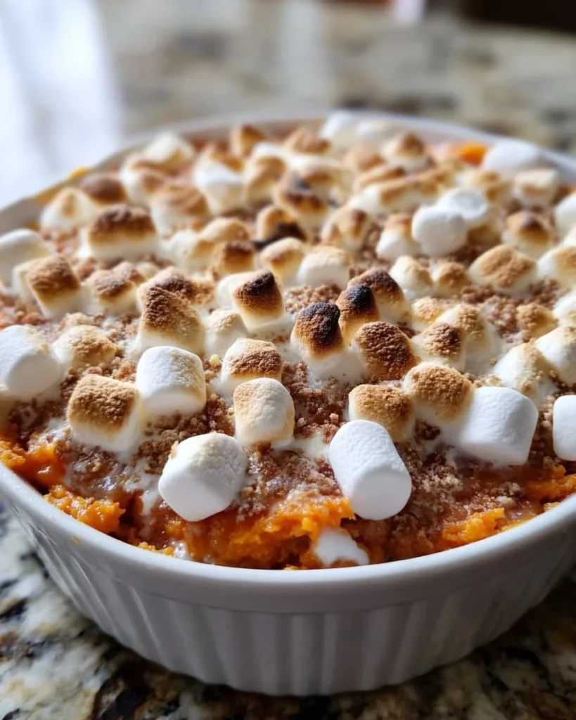 Delicious Sweet Potato Casserole topped with marshmallows and pecans