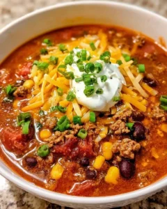 Delicious bowl of Taco Soup topped with cheese and cilantro