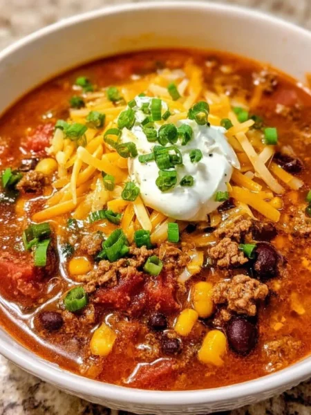 Delicious bowl of Taco Soup topped with cheese and cilantro