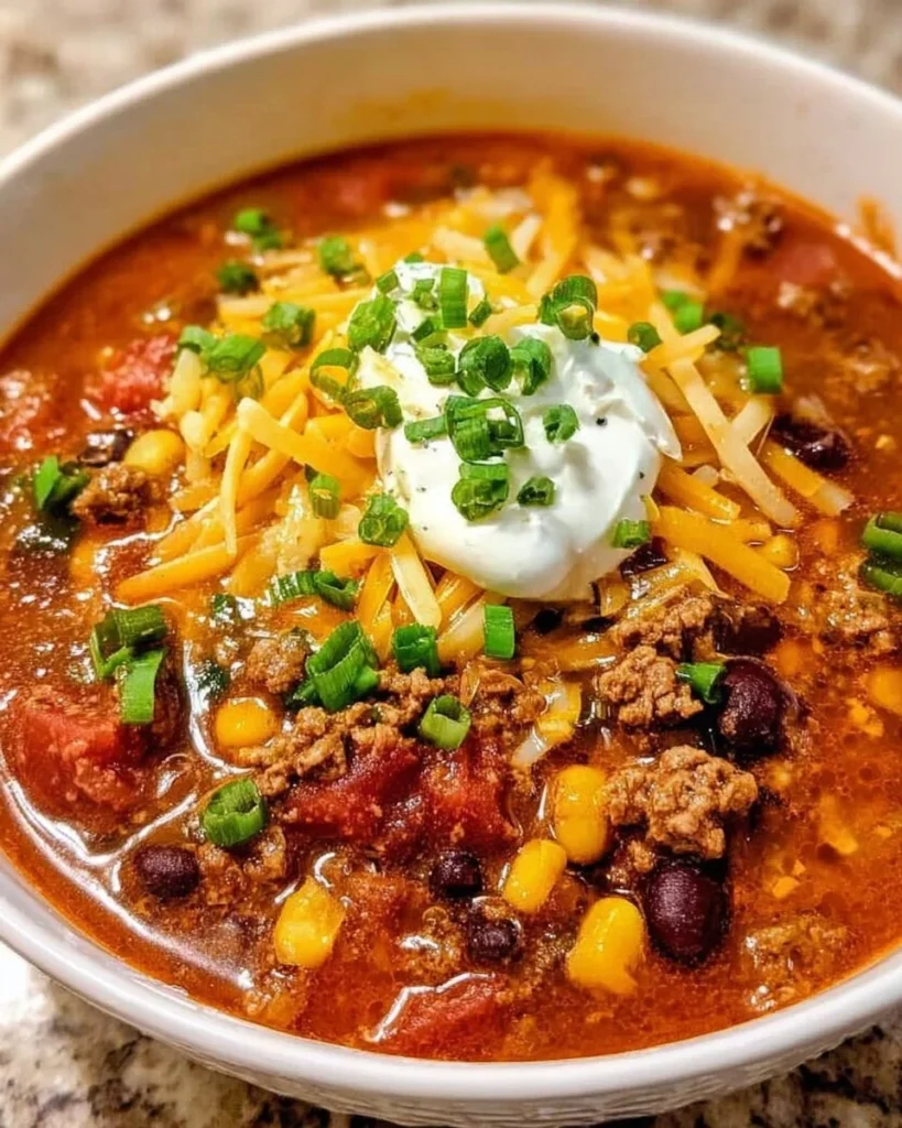 Delicious bowl of Taco Soup topped with cheese and cilantro