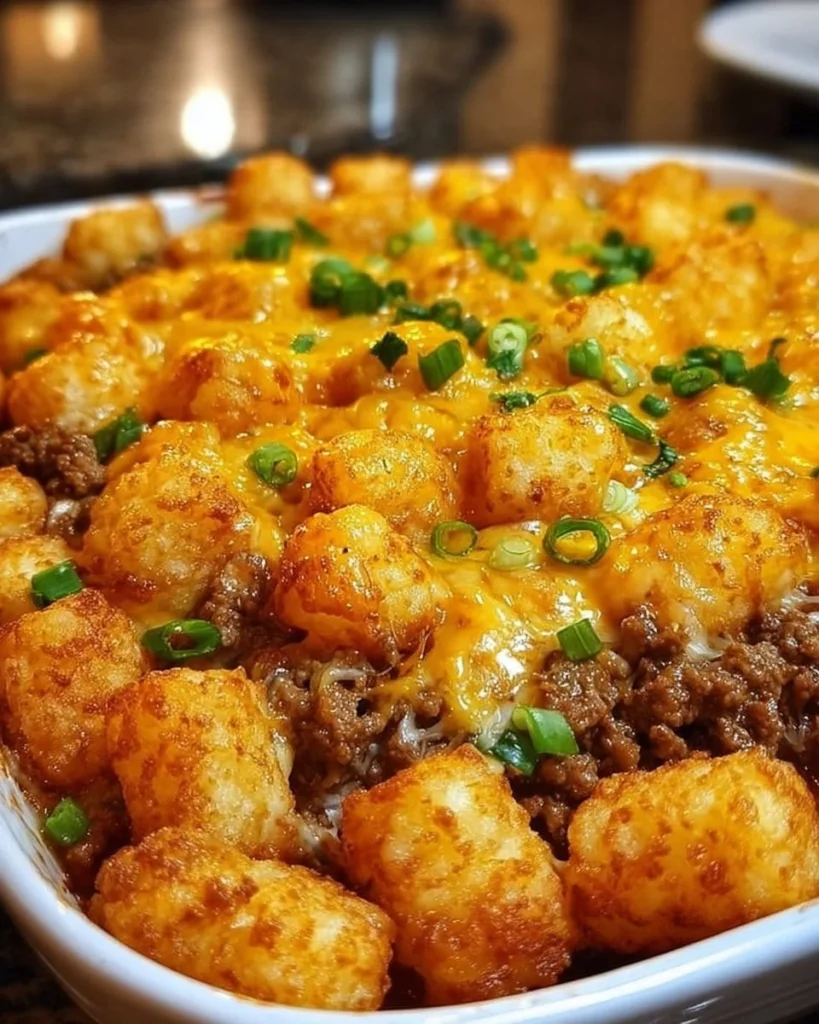 Delicious Tater Tot Casserole served in a baking dish